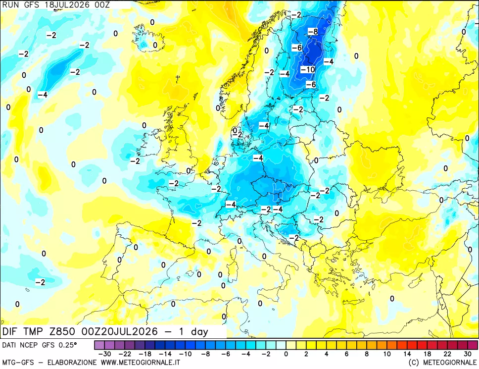 mappa Dif. Temp a 850 hPa Valid - 1 day