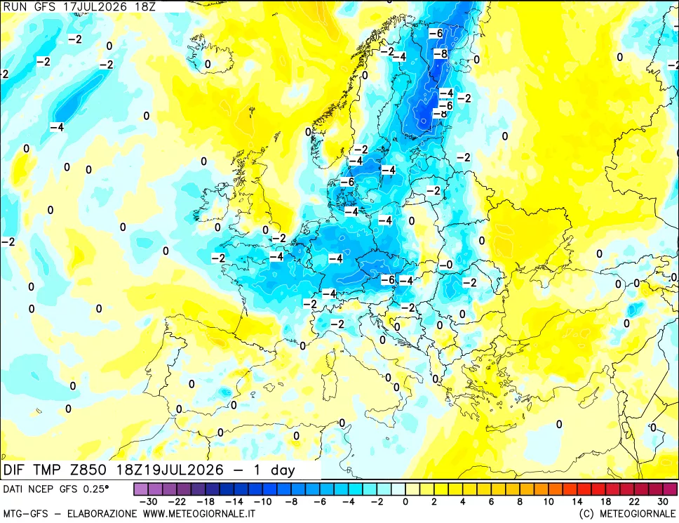 mappa 850 hPA Dif. Temp -24 ore