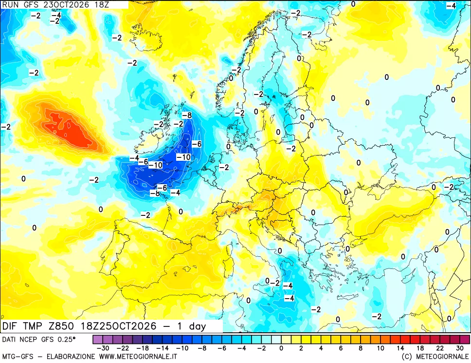 mappa 850 hPA Dif. Temp -24 ore
