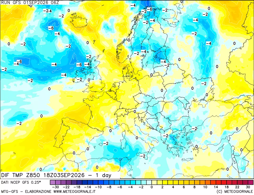 mappa Dif. Temp a 850 hPa Valid - 1 day