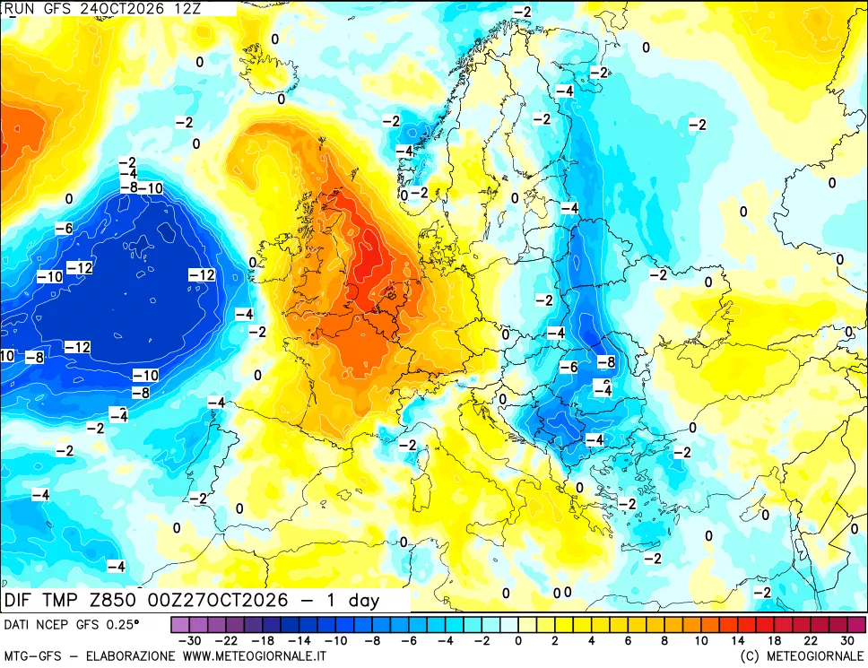 mappa Dif. Temp a 850 hPa Valid - 1 day