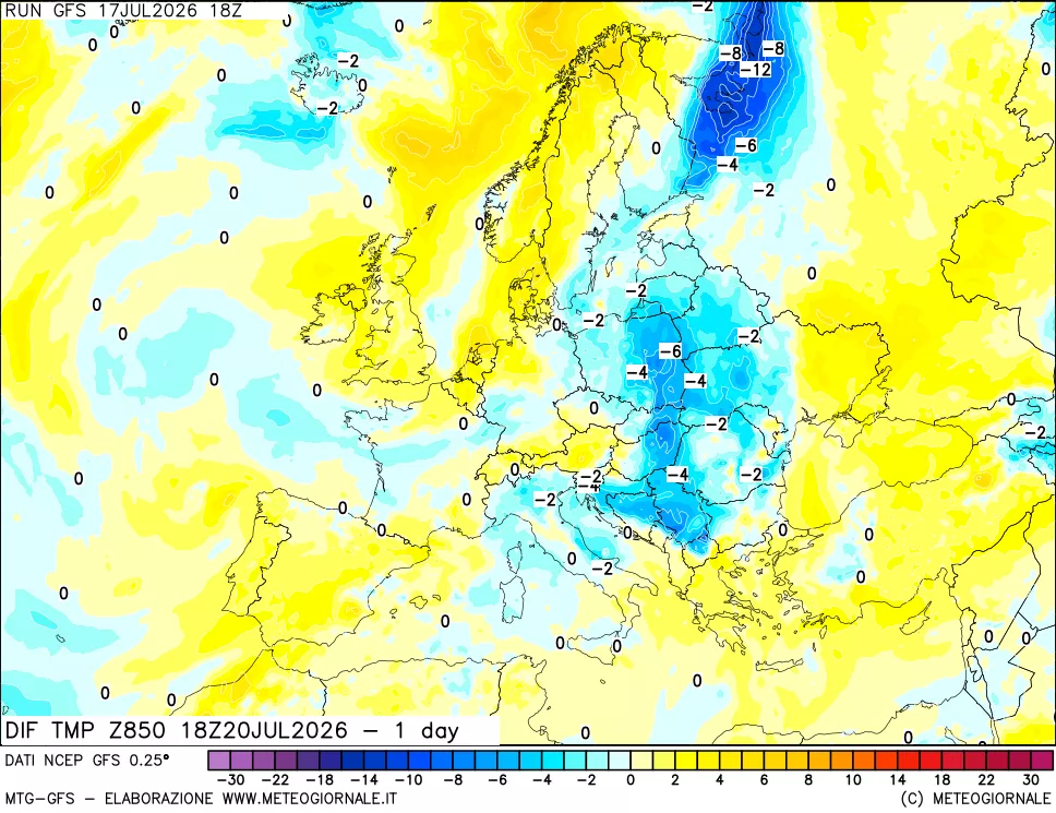 mappa Dif. Temp a 850 hPa Valid - 1 day