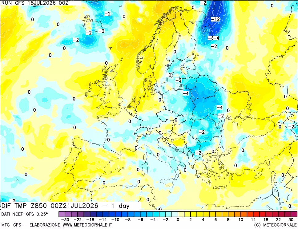 mappa Dif. Temp a 850 hPa Valid - 1 day