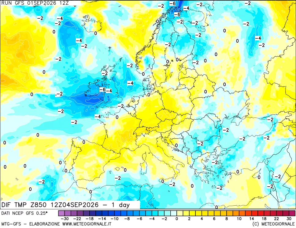 mappa Dif. Temp a 850 hPa Valid - 1 day