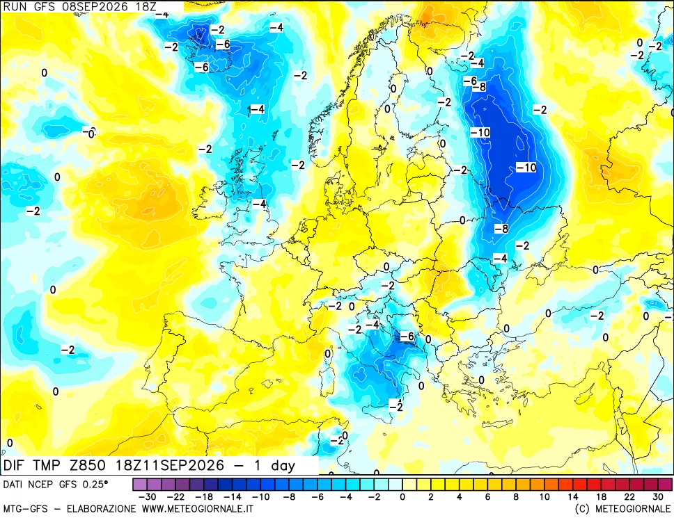 mappa 850 hPA Dif. Temp -24 ore