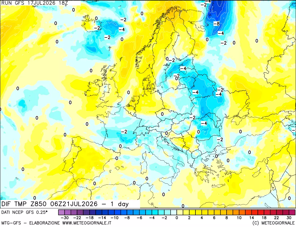 mappa Dif. Temp a 850 hPa Valid - 1 day