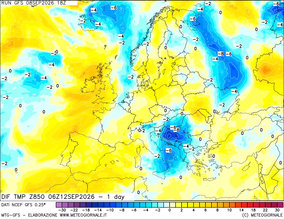 mappa 850 hPA Dif. Temp -24 ore