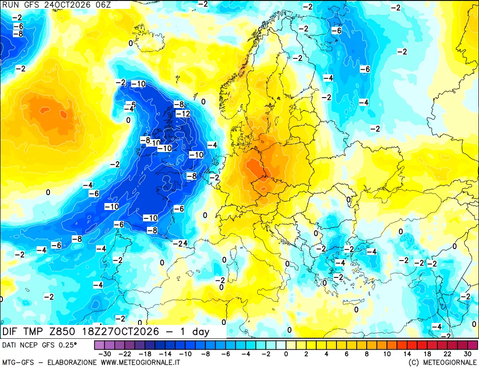 mappa Dif. Temp a 850 hPa Valid - 1 day