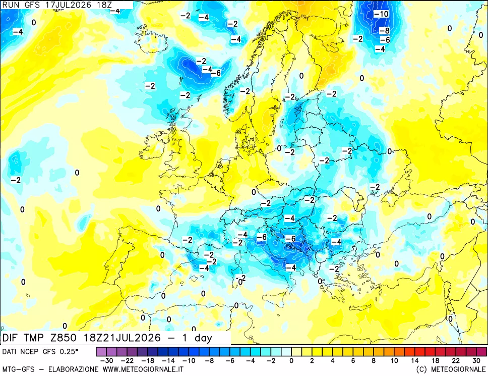 mappa Dif. Temp a 850 hPa Valid - 1 day