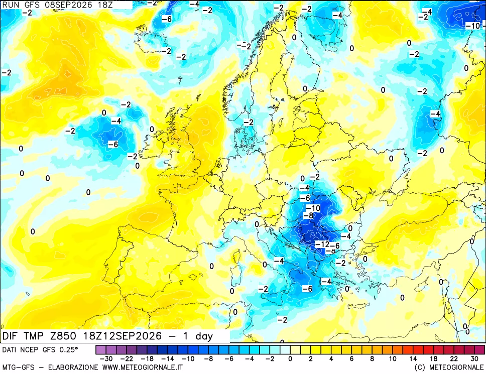 mappa 850 hPA Dif. Temp -24 ore