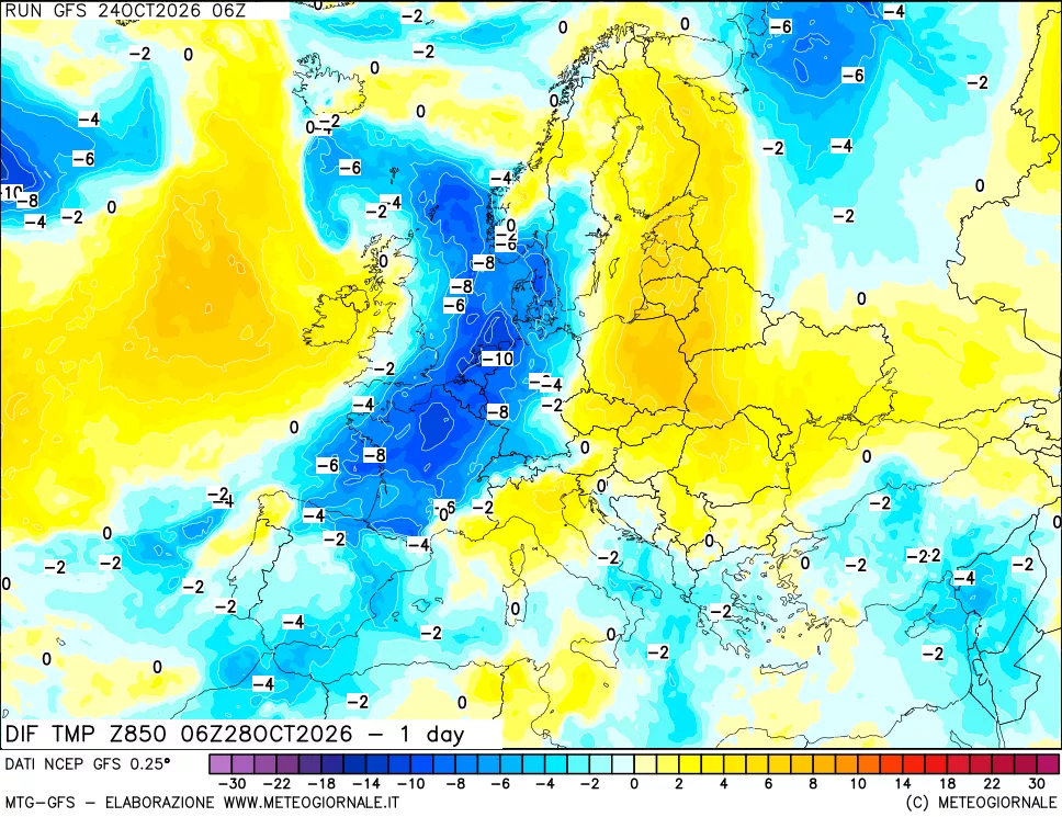 mappa Dif. Temp a 850 hPa Valid - 1 day