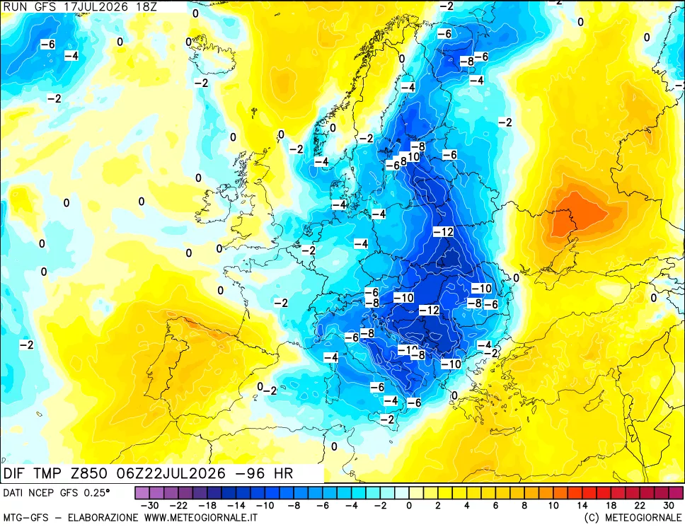 mappa Dif. Temp a 850 hPa Valid - Init