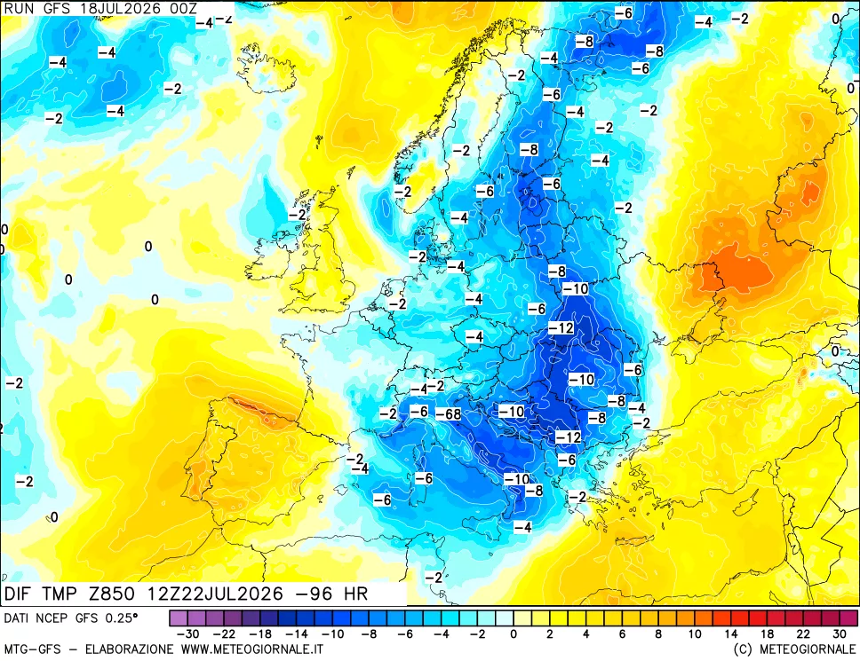 mappa Dif. Temp a 850 hPa Valid - Init