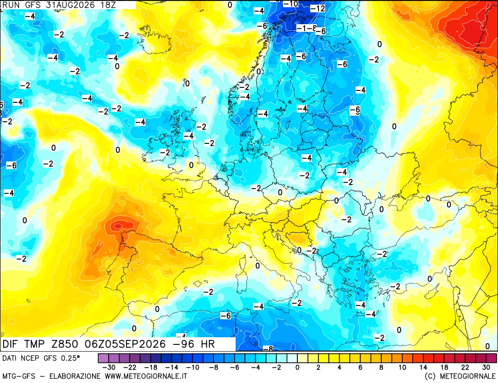 mappa Dif. Temp a 850 hPa Valid - Init