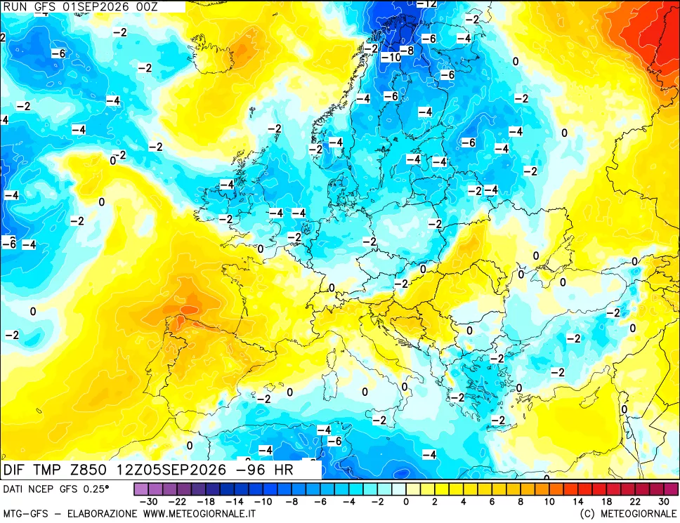 mappa Dif. Temp a 850 hPa Valid - Init