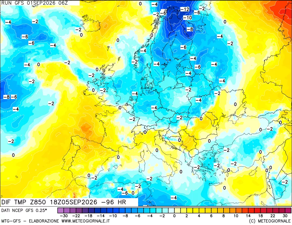 mappa Dif. Temp a 850 hPa Valid - Init