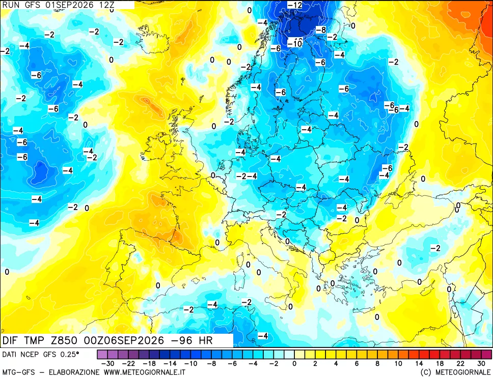 mappa Dif. Temp a 850 hPa Valid - Init