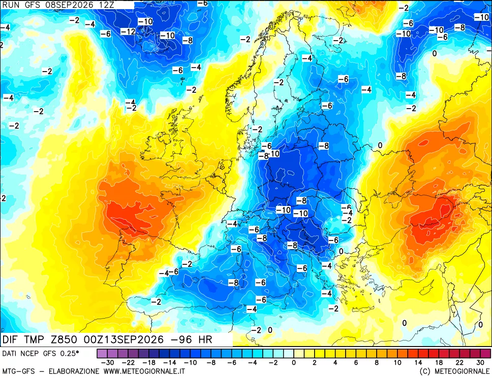 mappa Dif. Temp a 850 hPa Valid - Init