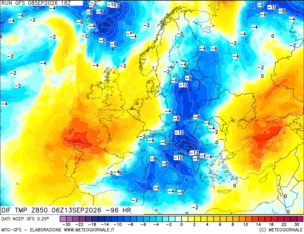 mappa Dif. Temp a 850 hPa Valid - Init