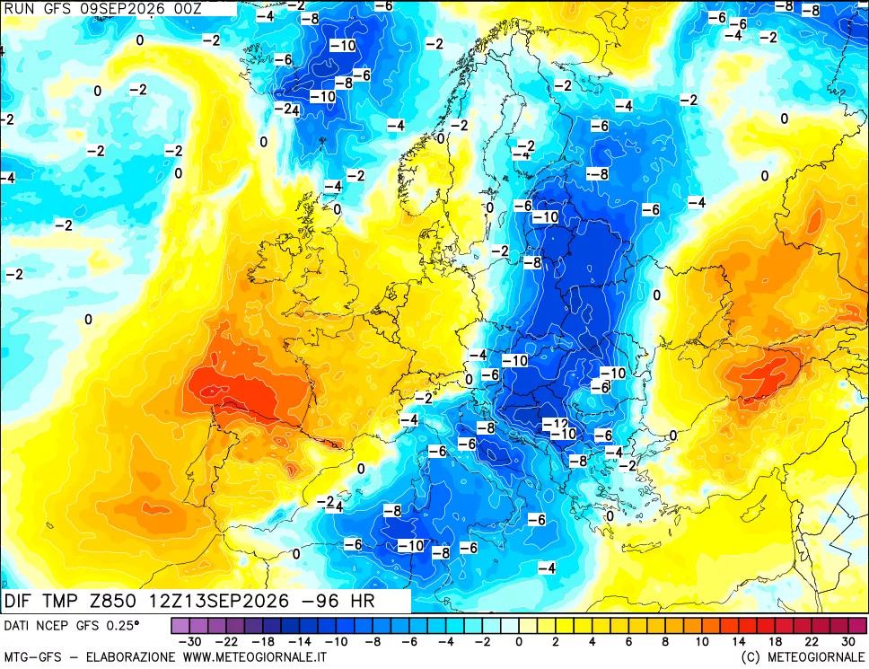 mappa Dif. Temp a 850 hPa Valid - Init