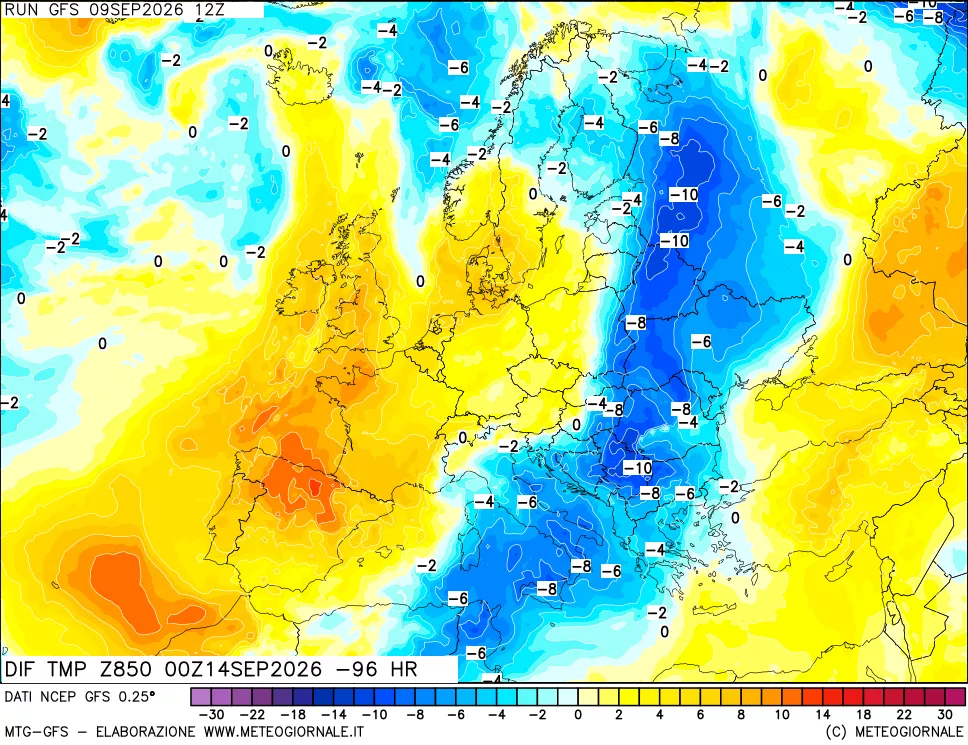mappa Dif. Temp a 850 hPa Valid - Init