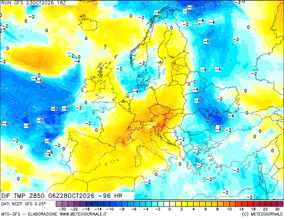mappa Dif. Temp a 850 hPa Valid - Init