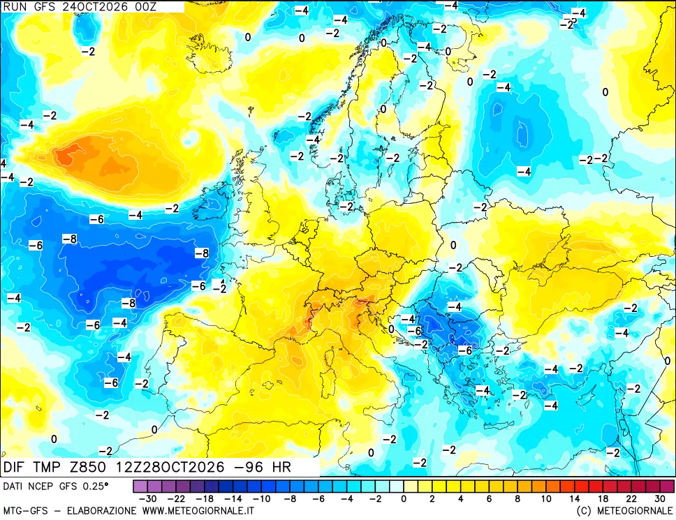 mappa Dif. Temp a 850 hPa Valid - Init