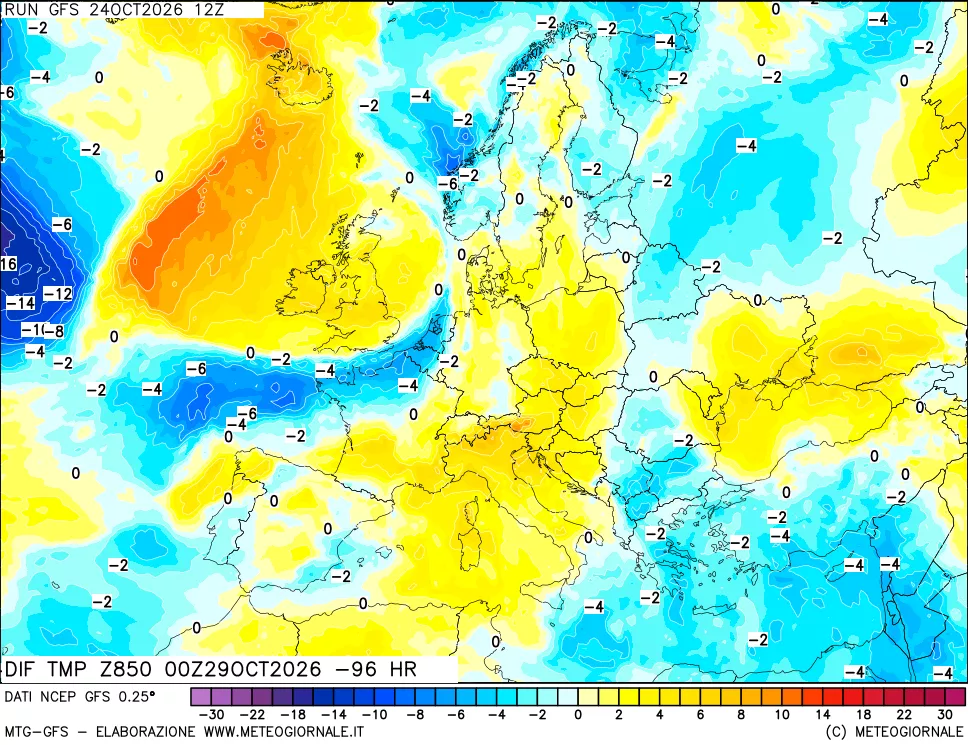 mappa Dif. Temp a 850 hPa Valid - Init