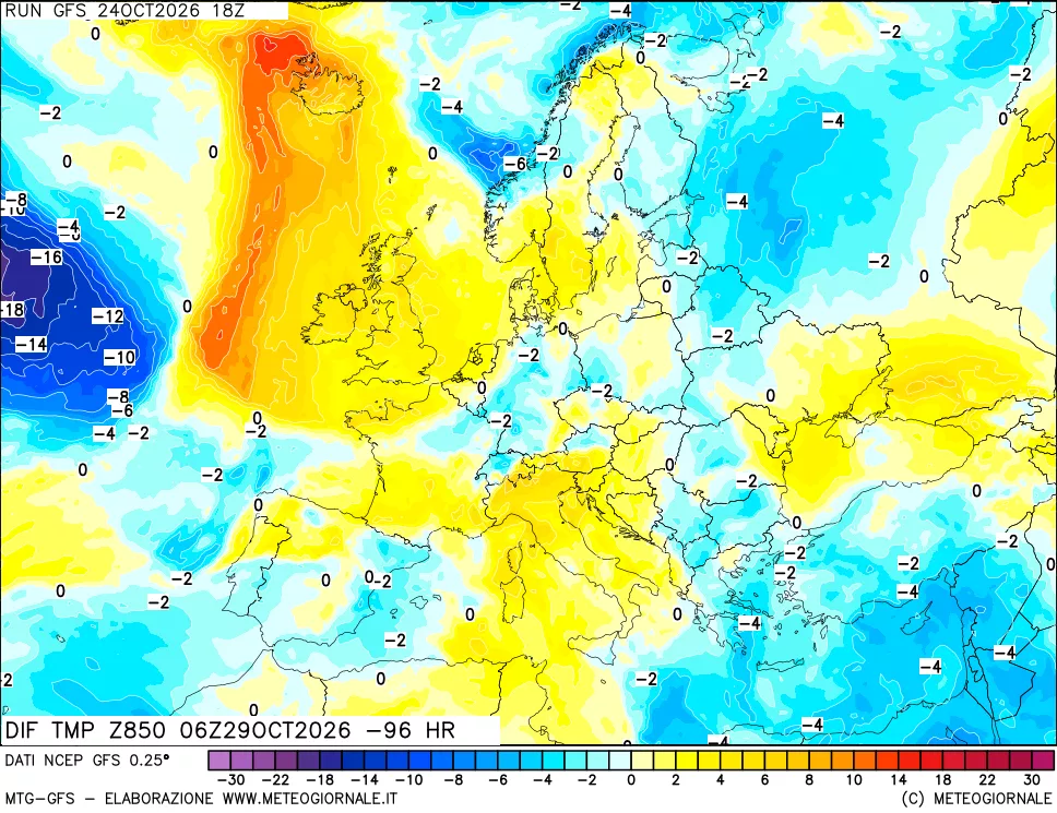 mappa Dif. Temp a 850 hPa Valid - Init