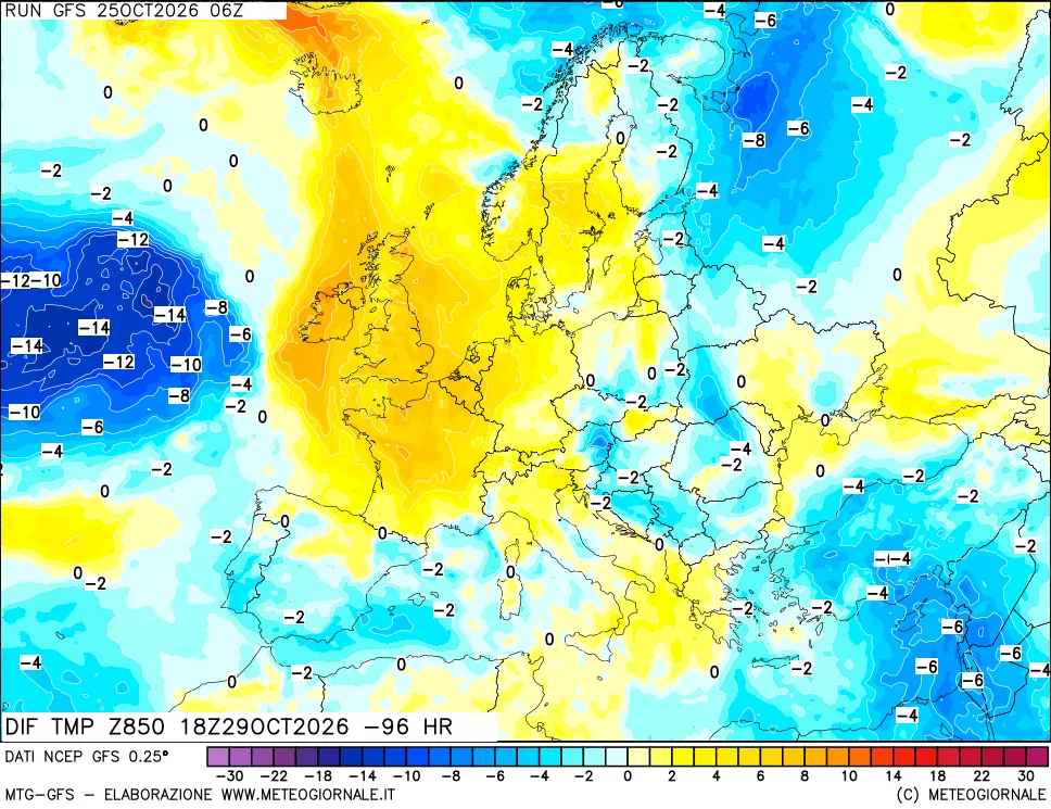 mappa Dif. Temp a 850 hPa Valid - Init