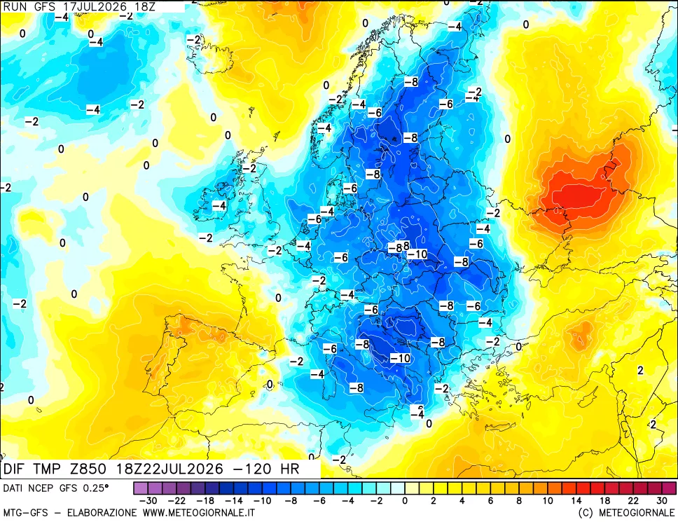 mappa Dif. Temp a 850 hPa Valid - Init