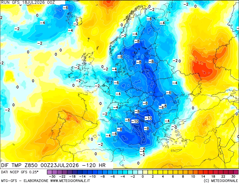 mappa Dif. Temp a 850 hPa Valid - Init