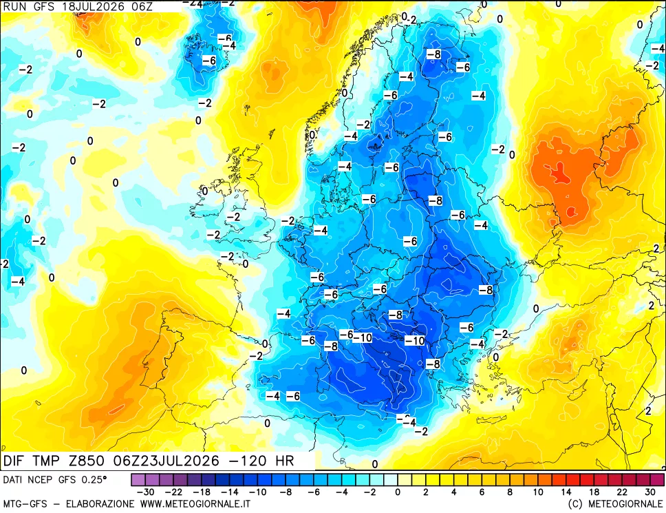 mappa Dif. Temp a 850 hPa Valid - Init