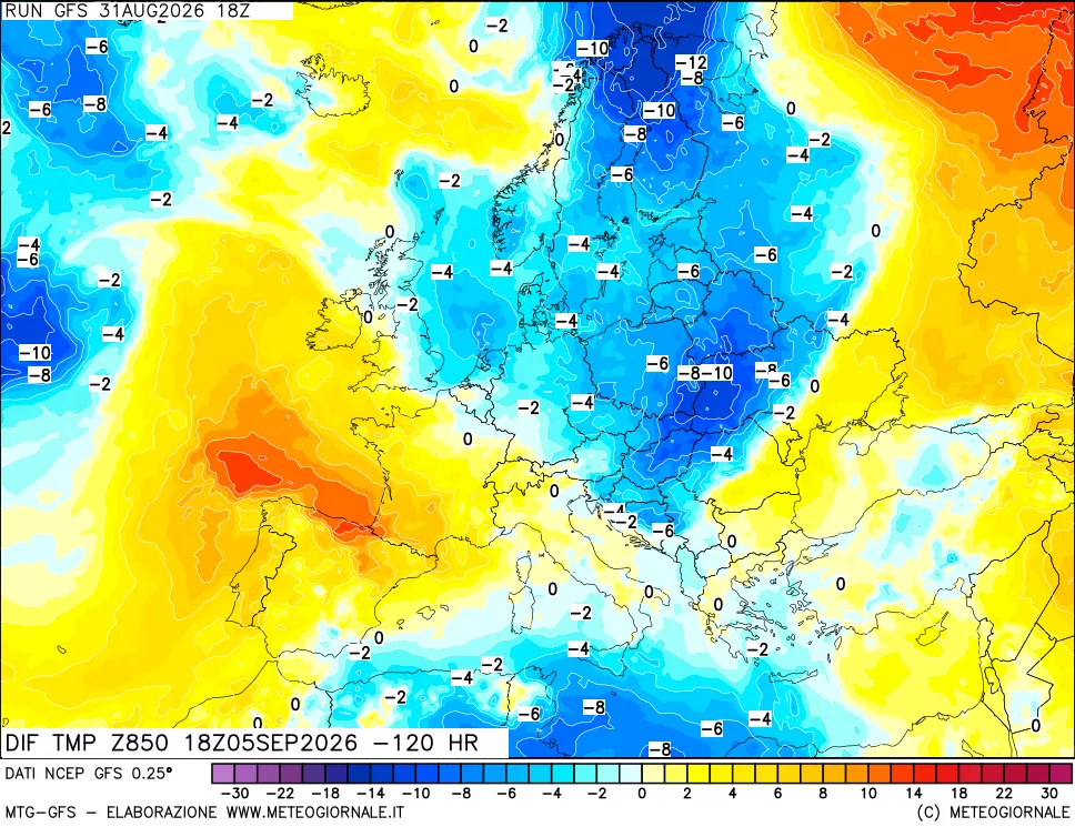 mappa Dif. Temp a 850 hPa Valid - Init