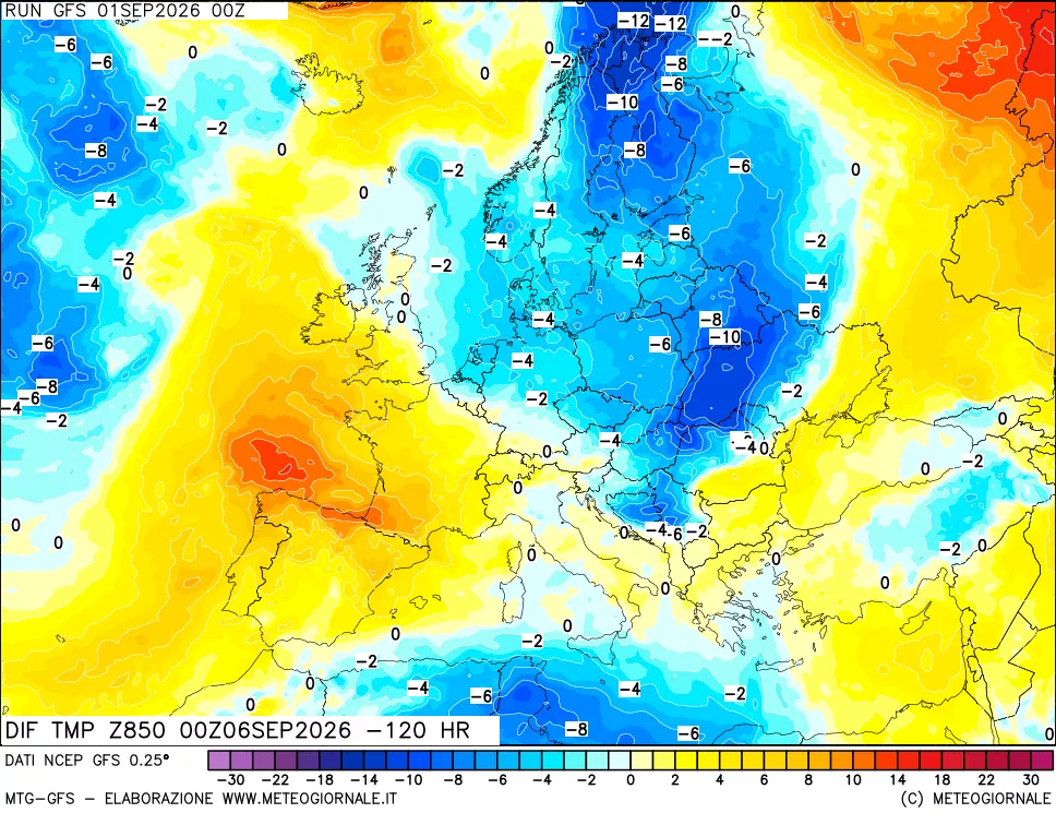 mappa Dif. Temp a 850 hPa Valid - Init