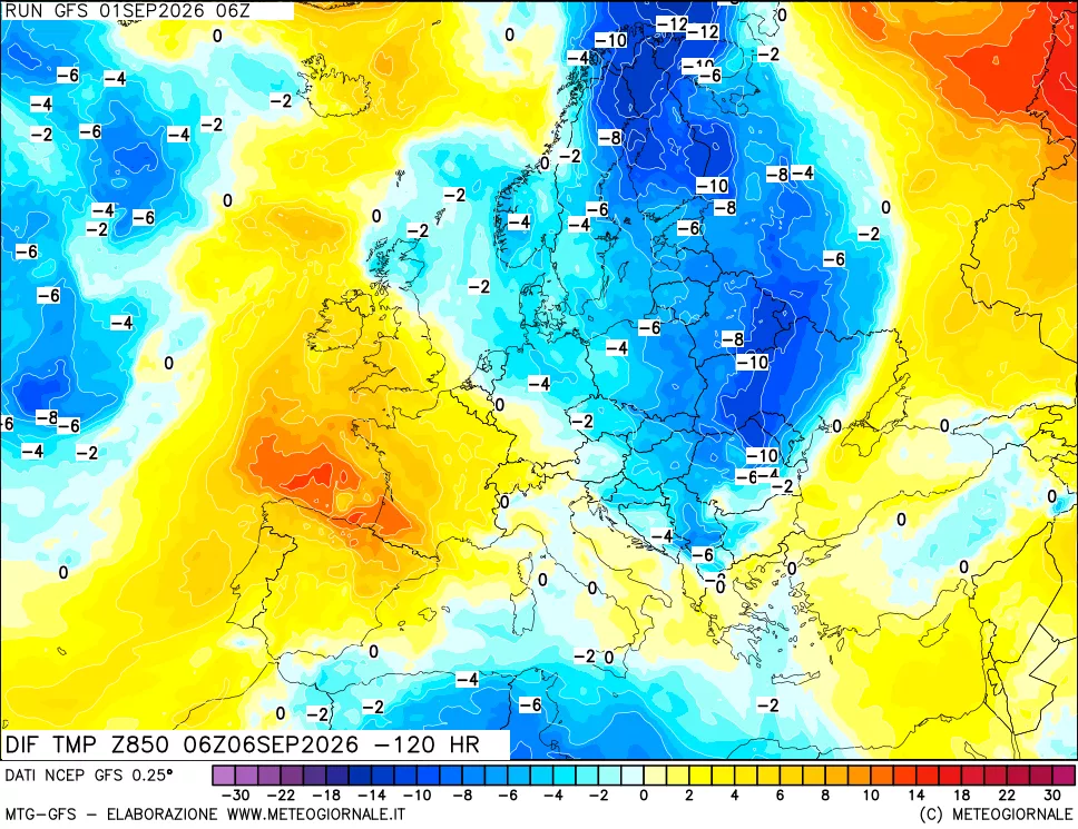 mappa Dif. Temp a 850 hPa Valid - Init