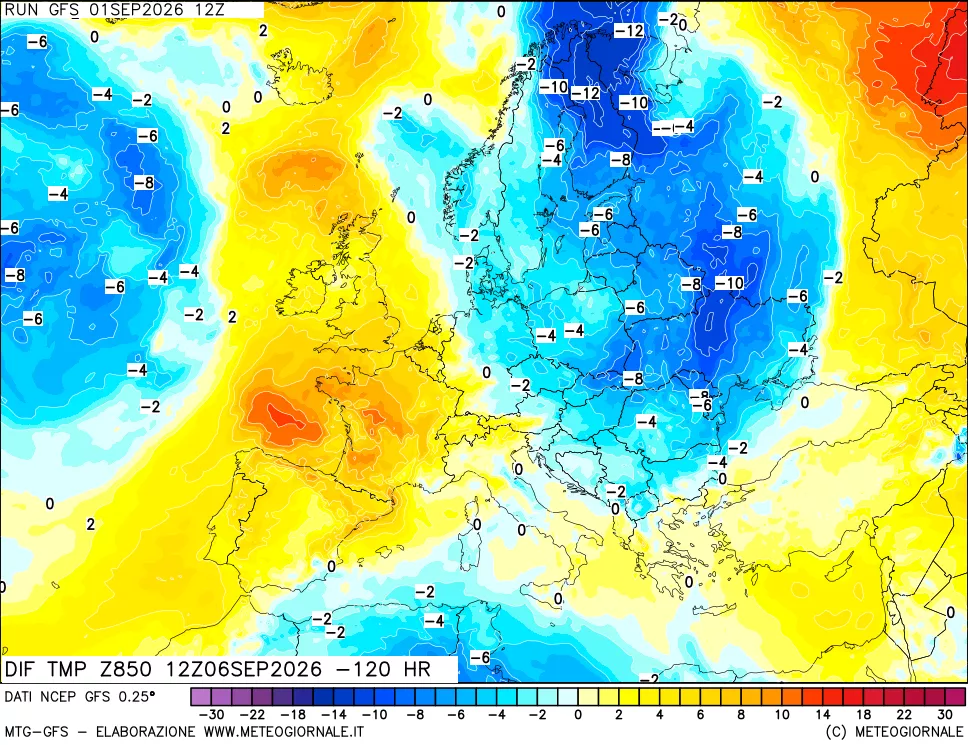 mappa Dif. Temp a 850 hPa Valid - Init