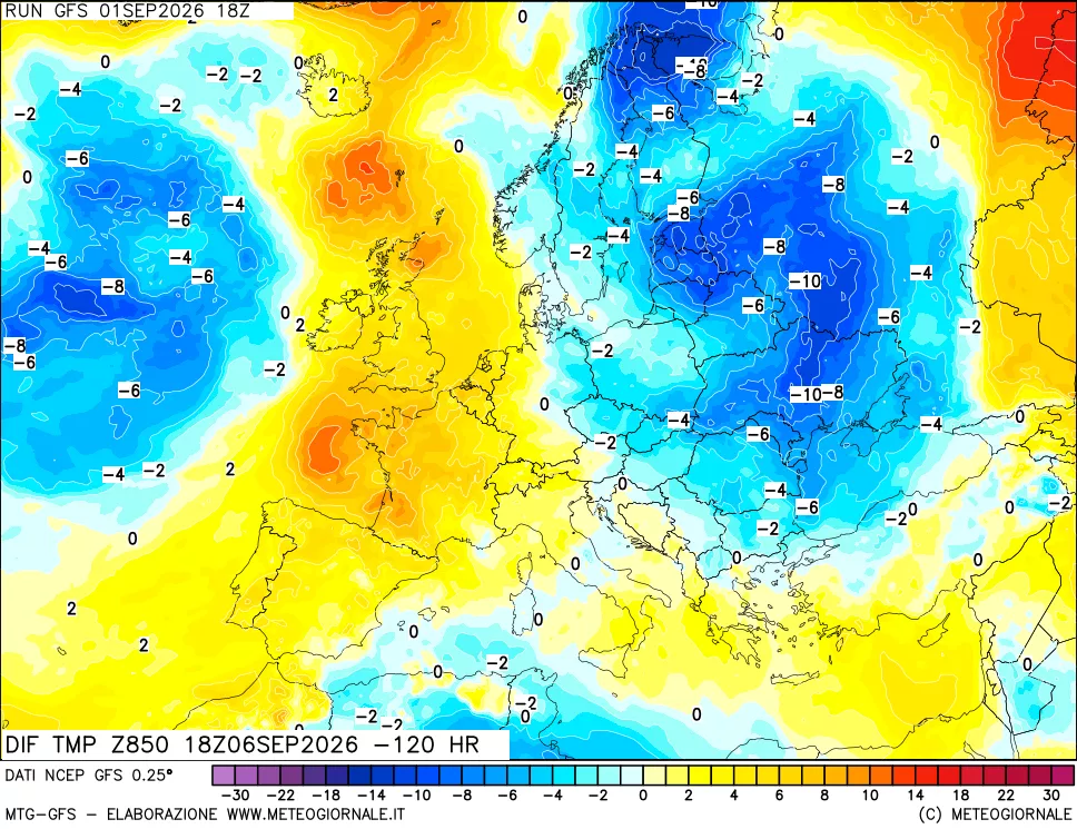mappa Dif. Temp a 850 hPa Valid - Init