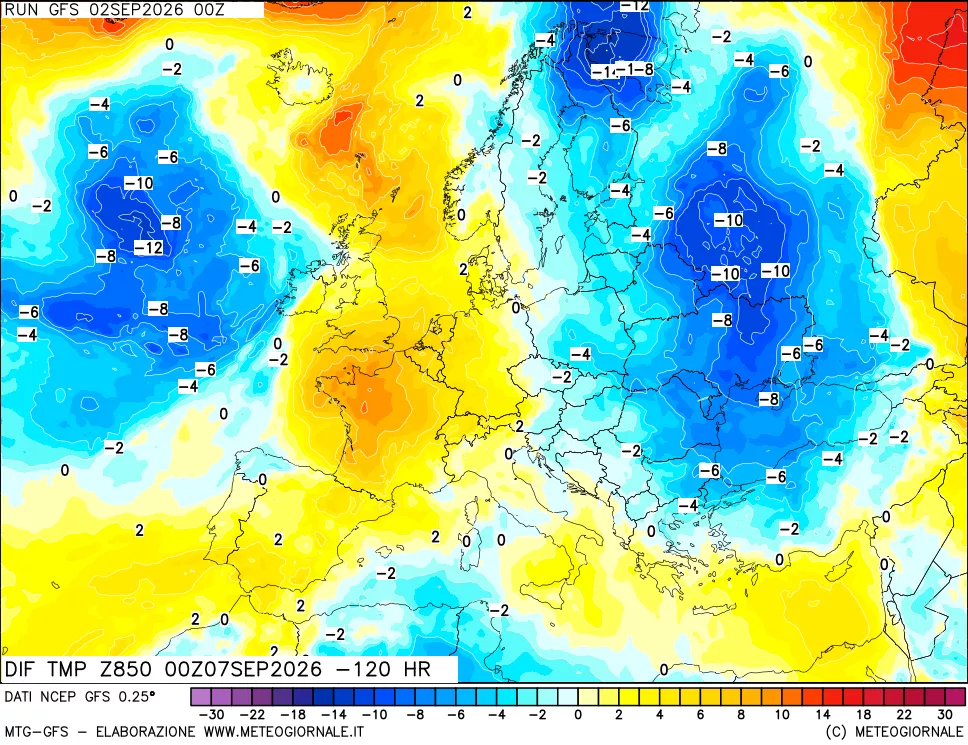 mappa Dif. Temp a 850 hPa Valid - Init