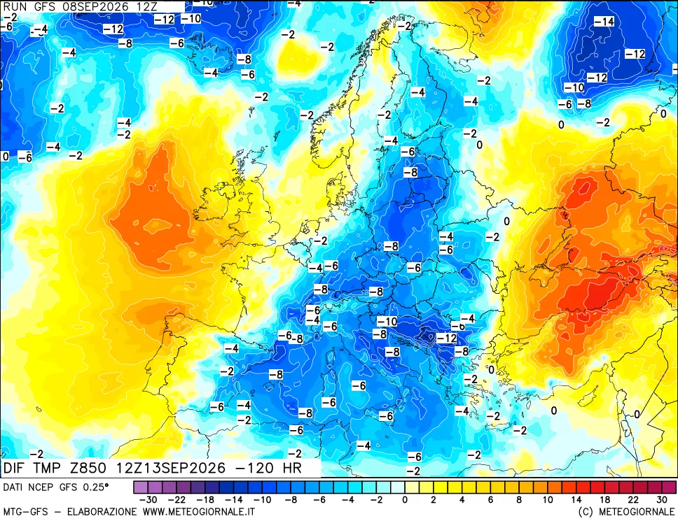 mappa Dif. Temp a 850 hPa Valid - Init