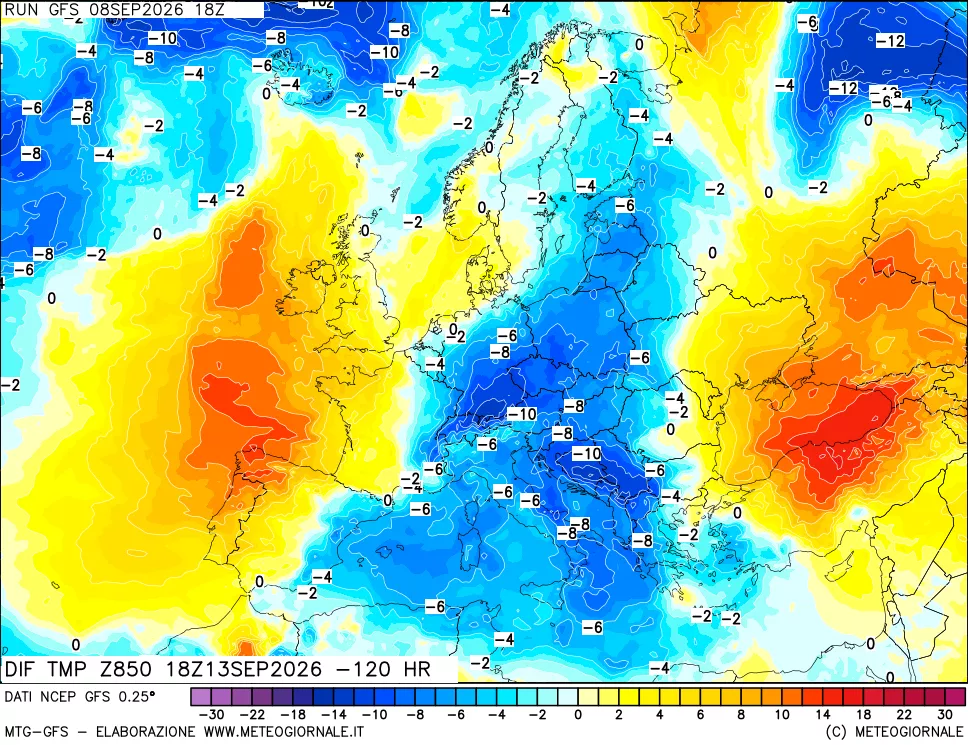 mappa Dif. Temp a 850 hPa Valid - Init