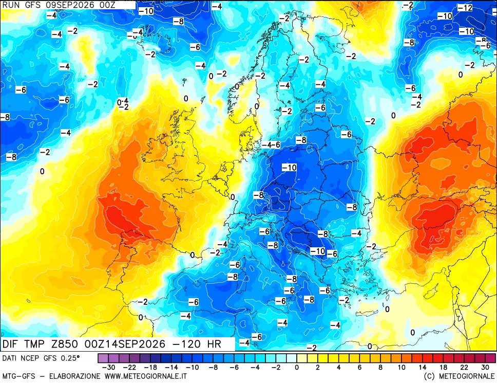 mappa Dif. Temp a 850 hPa Valid - Init