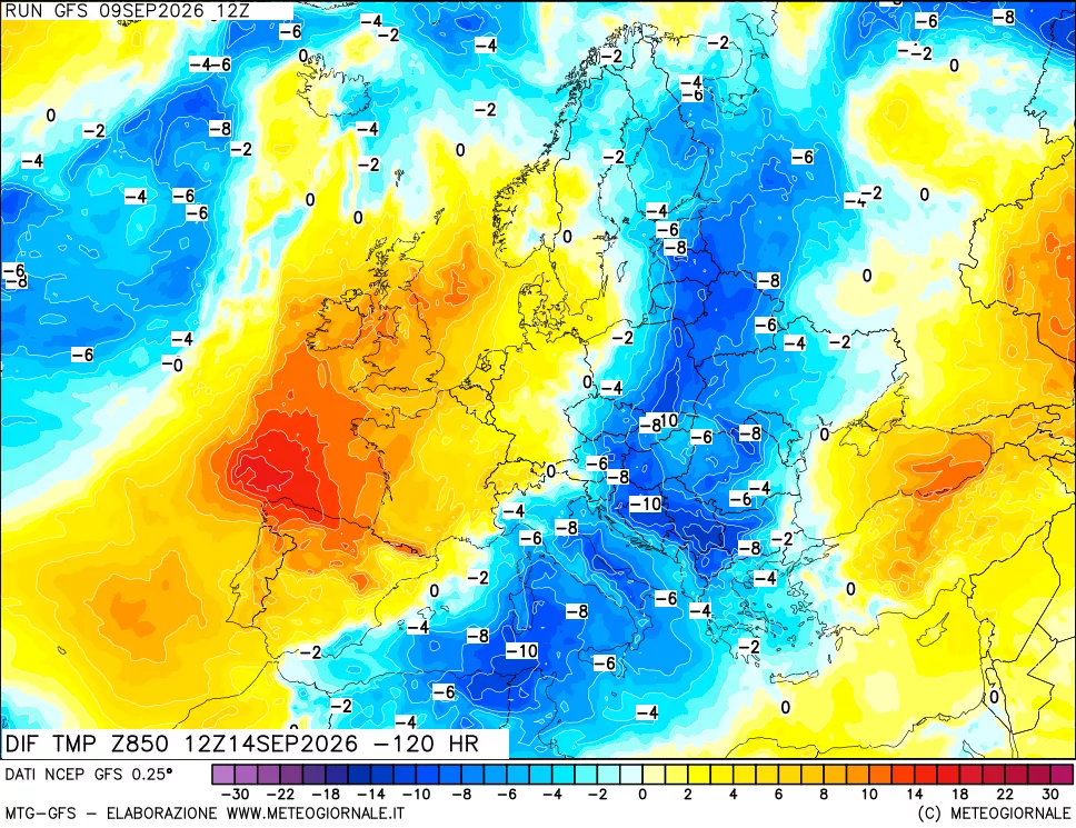 mappa Dif. Temp a 850 hPa Valid - Init