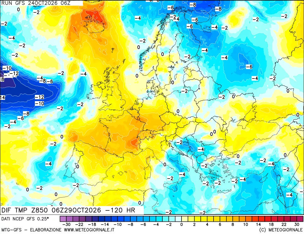 mappa Dif. Temp a 850 hPa Valid - Init