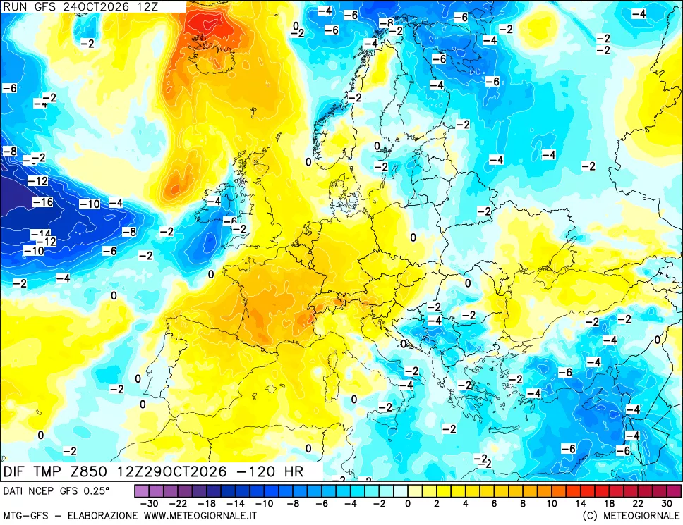 mappa Dif. Temp a 850 hPa Valid - Init