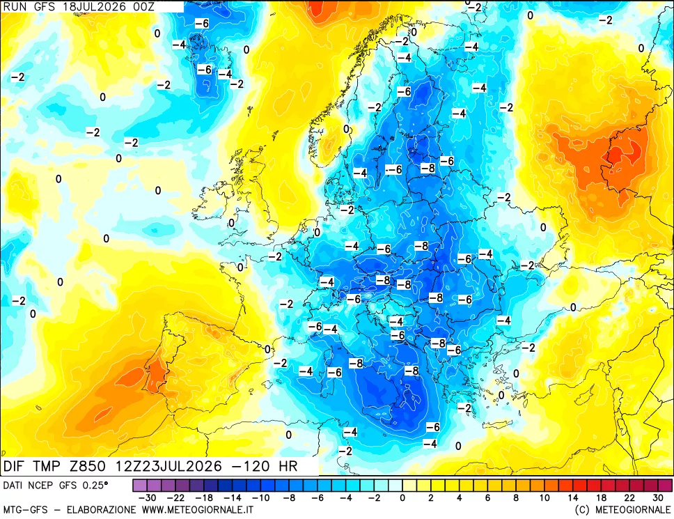 mappa Dif. Temp a 850 hPa Valid - Init