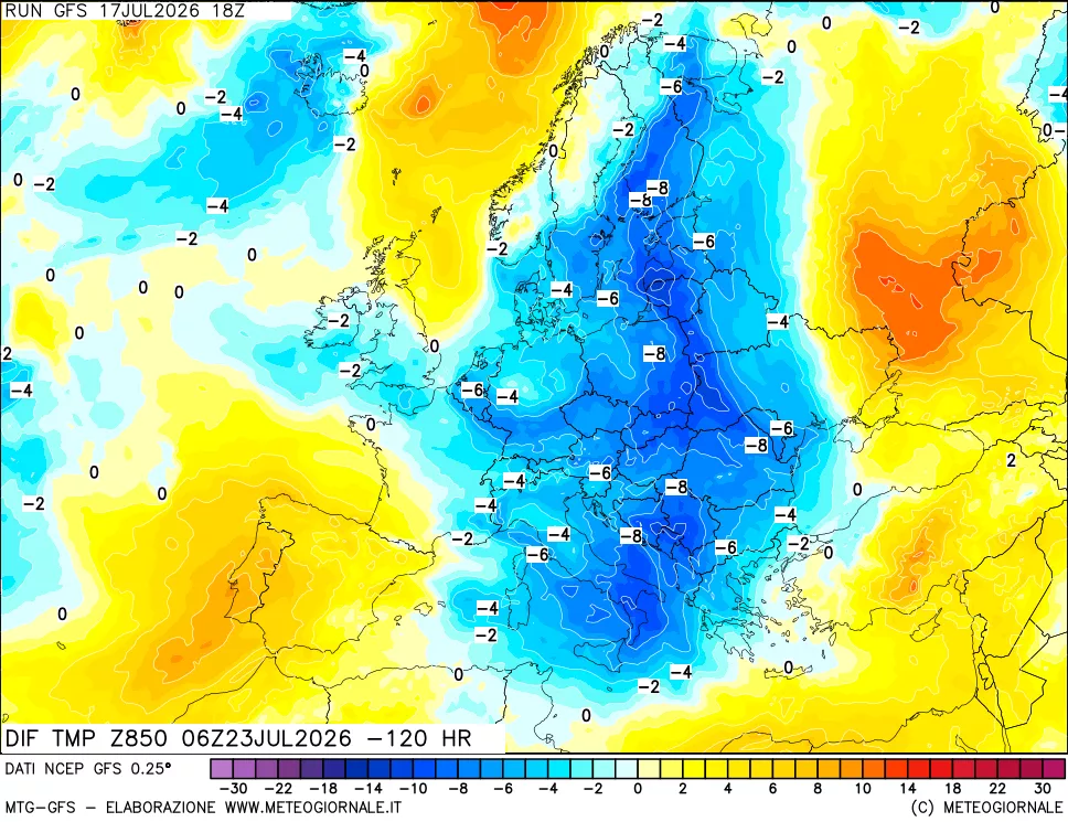 mappa Dif. Temp a 850 hPa Valid - Init