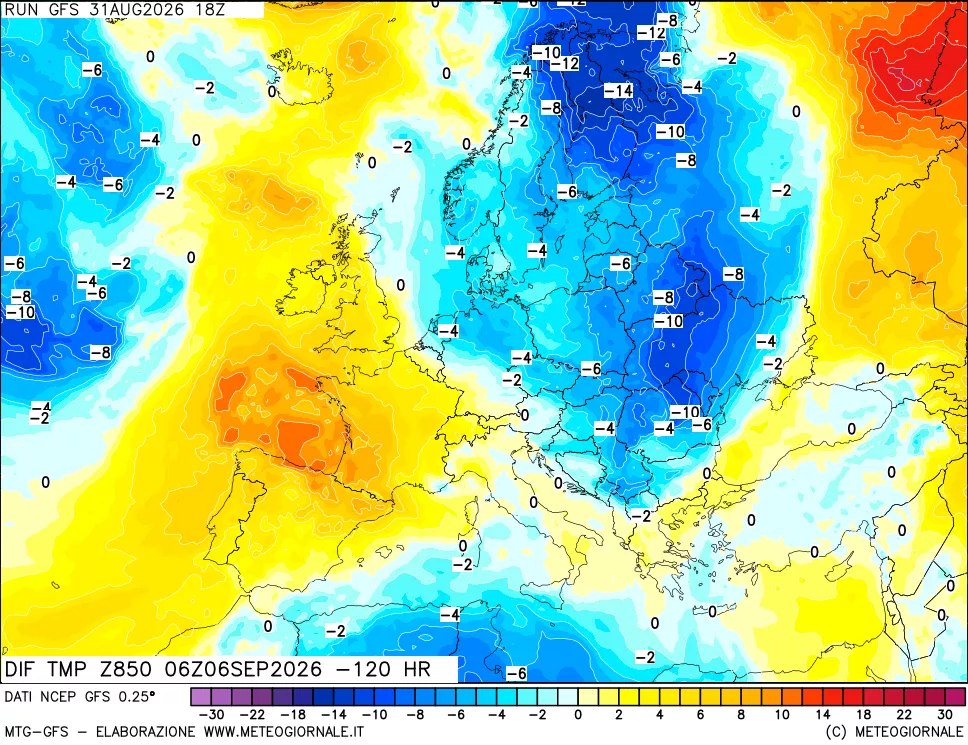mappa Dif. Temp a 850 hPa Valid - Init