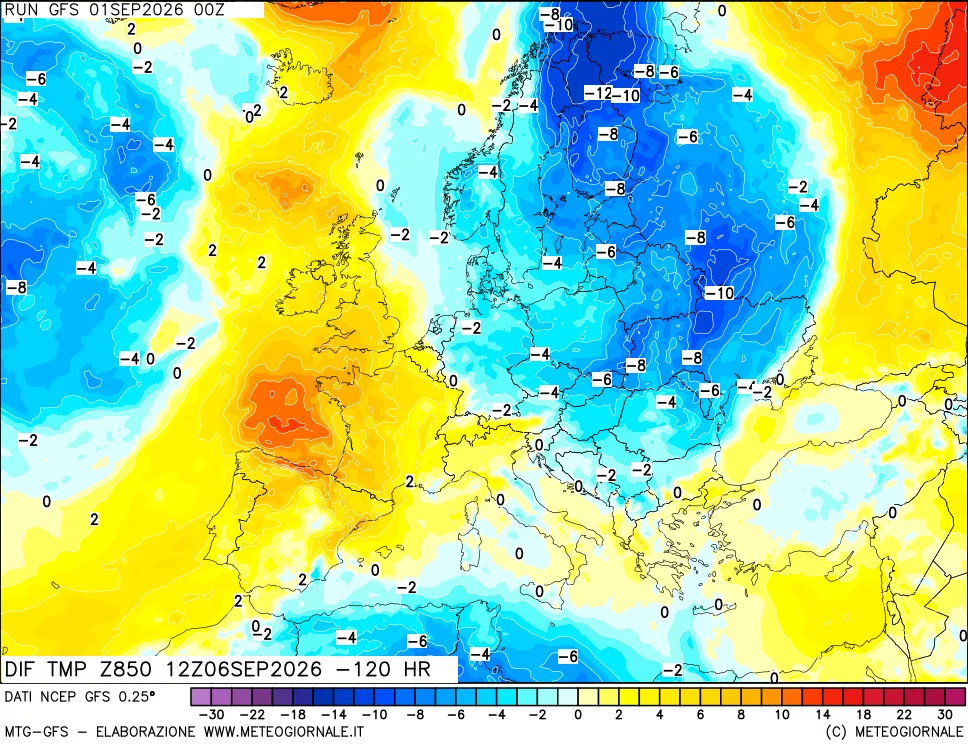 mappa Dif. Temp a 850 hPa Valid - Init