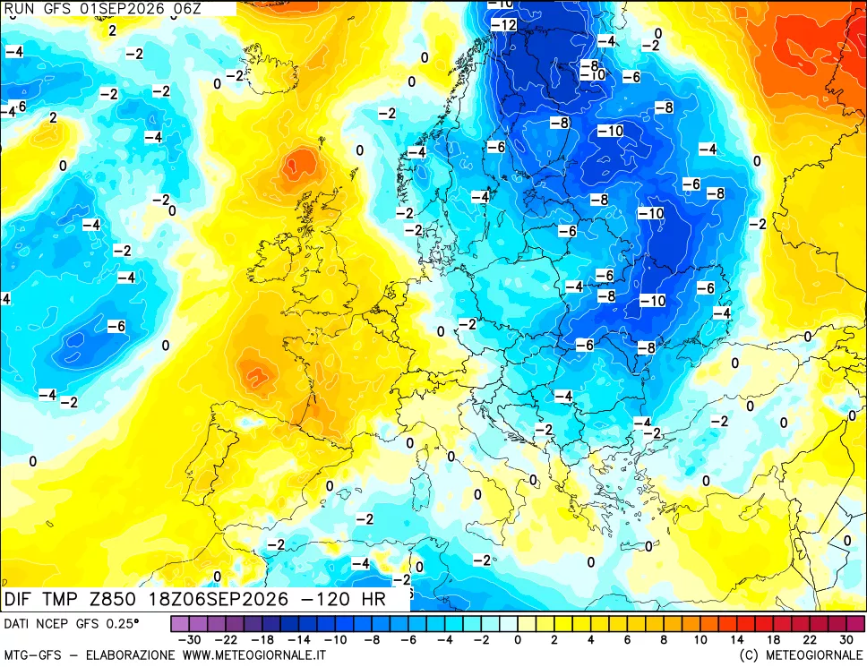 mappa Dif. Temp a 850 hPa Valid - Init